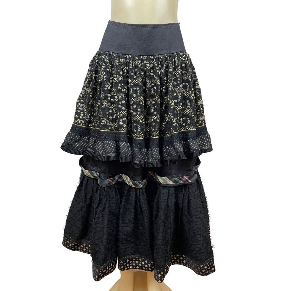 Vintage Koos Couture Vintage Black Boho Tiered Maxi Skirt With Gold Embroidery
